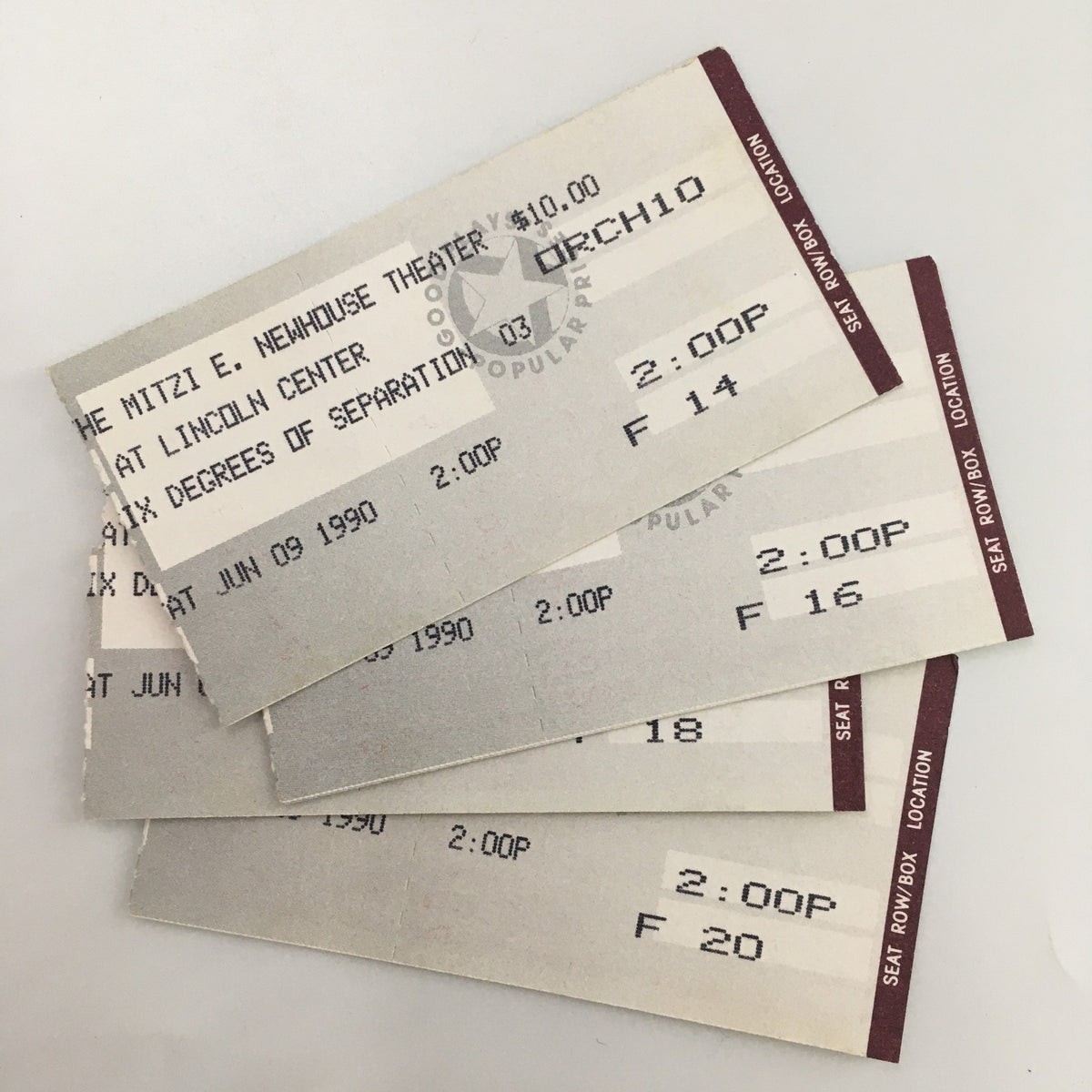 Original tickets for the 1990 production of 'Six Degrees of Separation' at the Mitzi E. Newhouse Theater, showcasing details of the event including date and seat numbers.