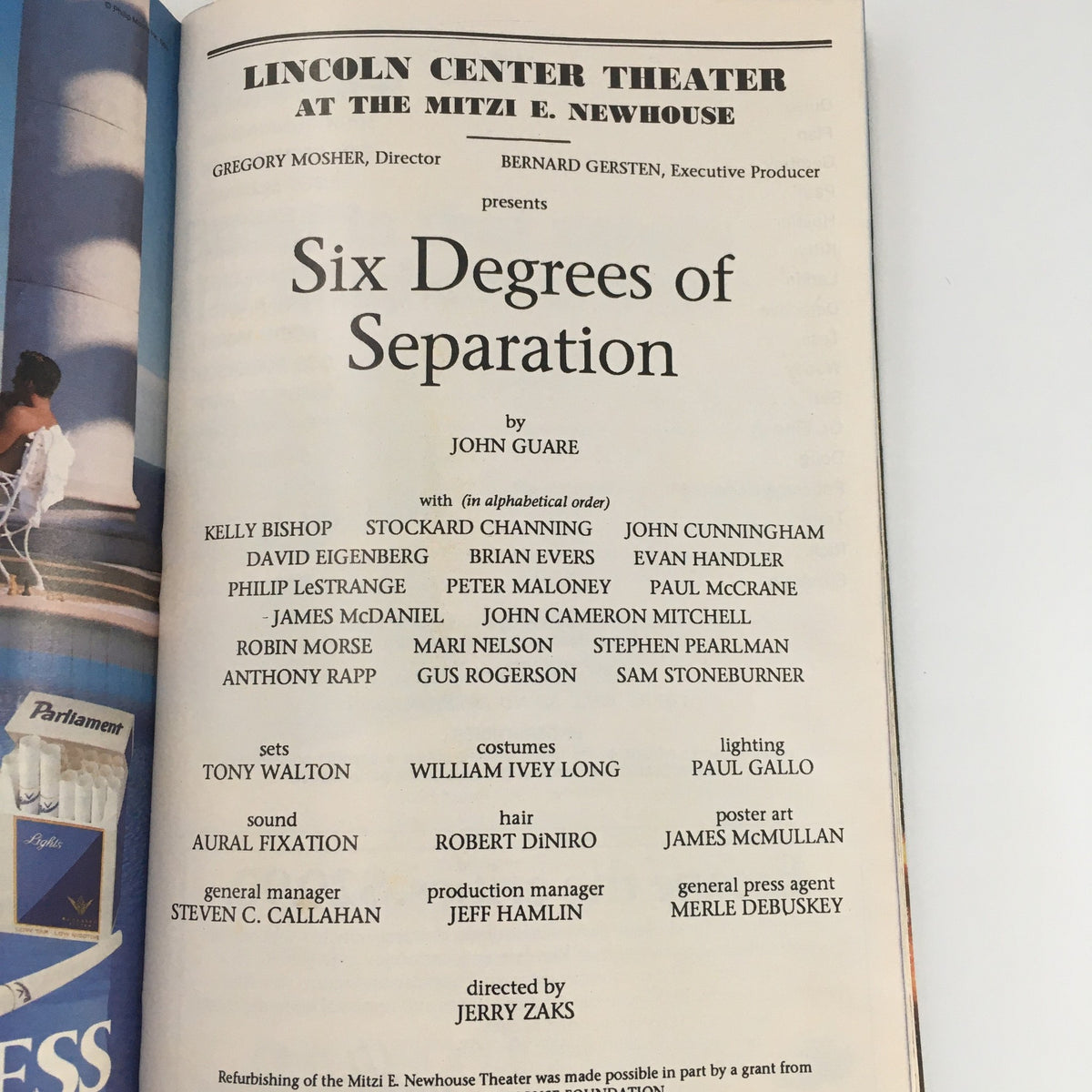 1990 Playbill Mitzi E. Newhouse ‘Six Degrees of Separation’ by John Guare, displaying the cast and production details for the play, highlighting key contributors and artistic team.