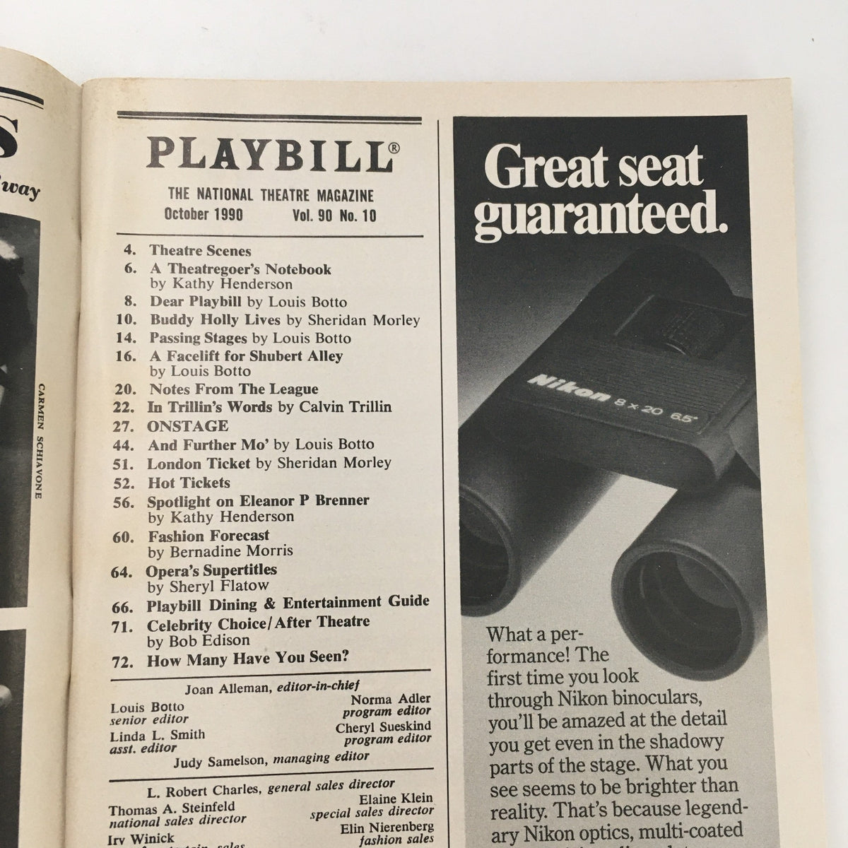 Inside page of the 1990 Playbill for 'Abundance' showing features of the National Theatre Magazine, including performance details.