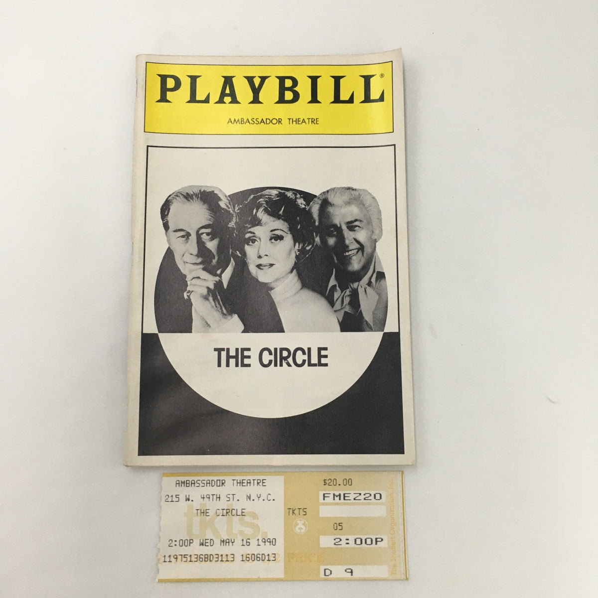 1990 Playbill from Ambassador Theatre for ‘The Circle’ by W. Somerset Maugham, including the original ticket inside with details of the show.