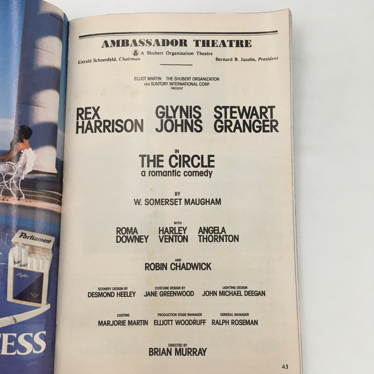 1990 Playbill Ambassador Theatre ‘The Circle’ showcasing the cast and production details including W. Somerset Maugham as the playwright.