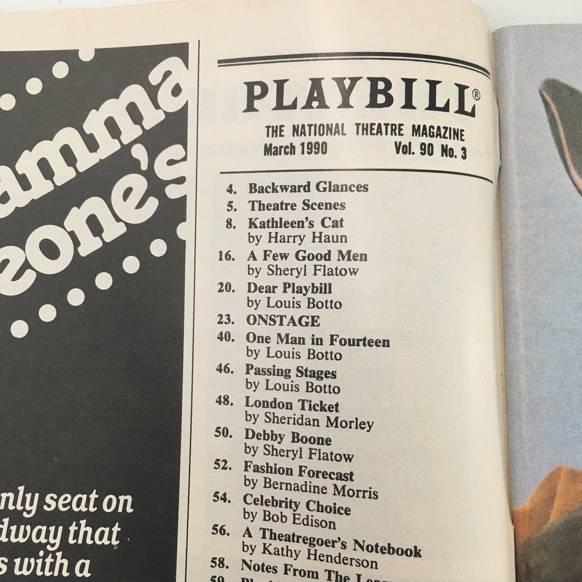 Inside page of the 1990 Playbill for Some Americans Abroad, including the table of contents and theater scenes information.