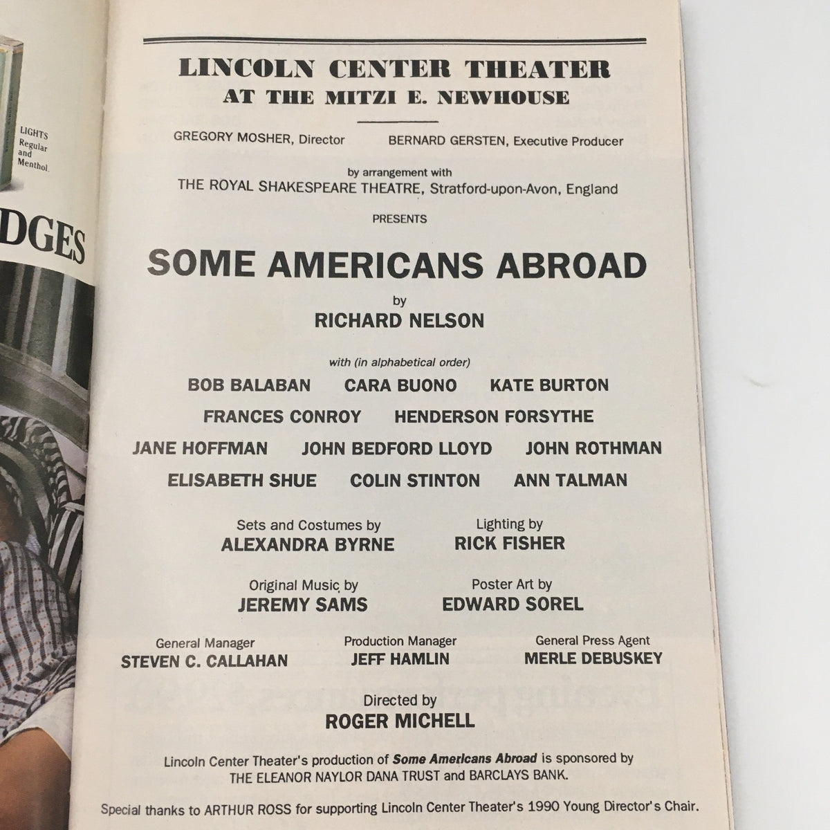 1990 Playbill for Some Americans Abroad showcasing the cast and creative team at Lincoln Center Theater, Mitzi E. Newhouse, directed by Gregory Mosher, featuring notable names like Bob Balaban and Joan Norton, highlighting its theater history significance.