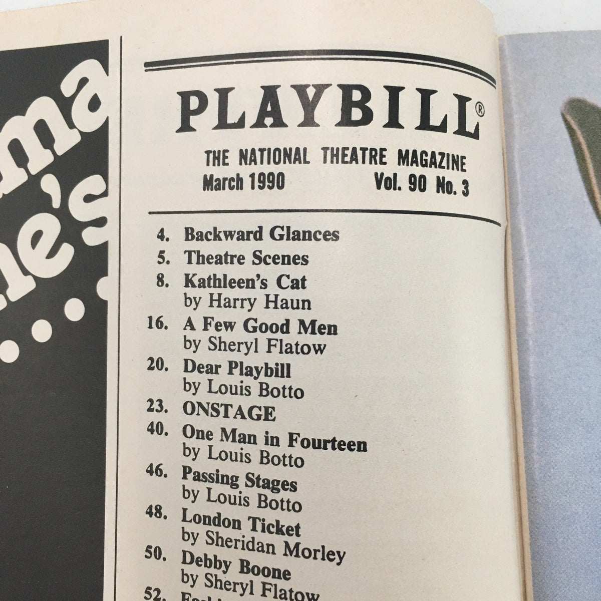 Inside page of 1990 Playbill showcasing contents list for the March 1990 edition, including notable theater articles.