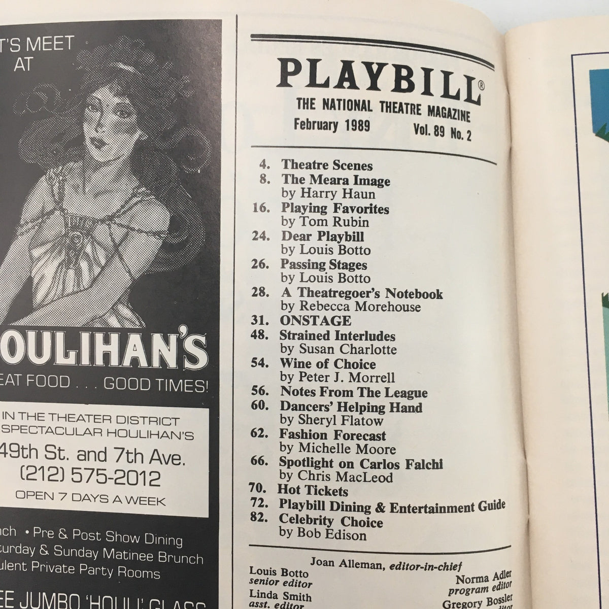 Inside page of the February 1989 Playbill, showcasing the table of contents and advertisements.