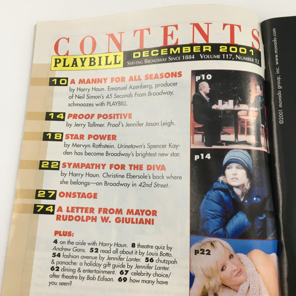 Contents page of the 2001 Playbill QED showcasing articles and features related to the theater production.