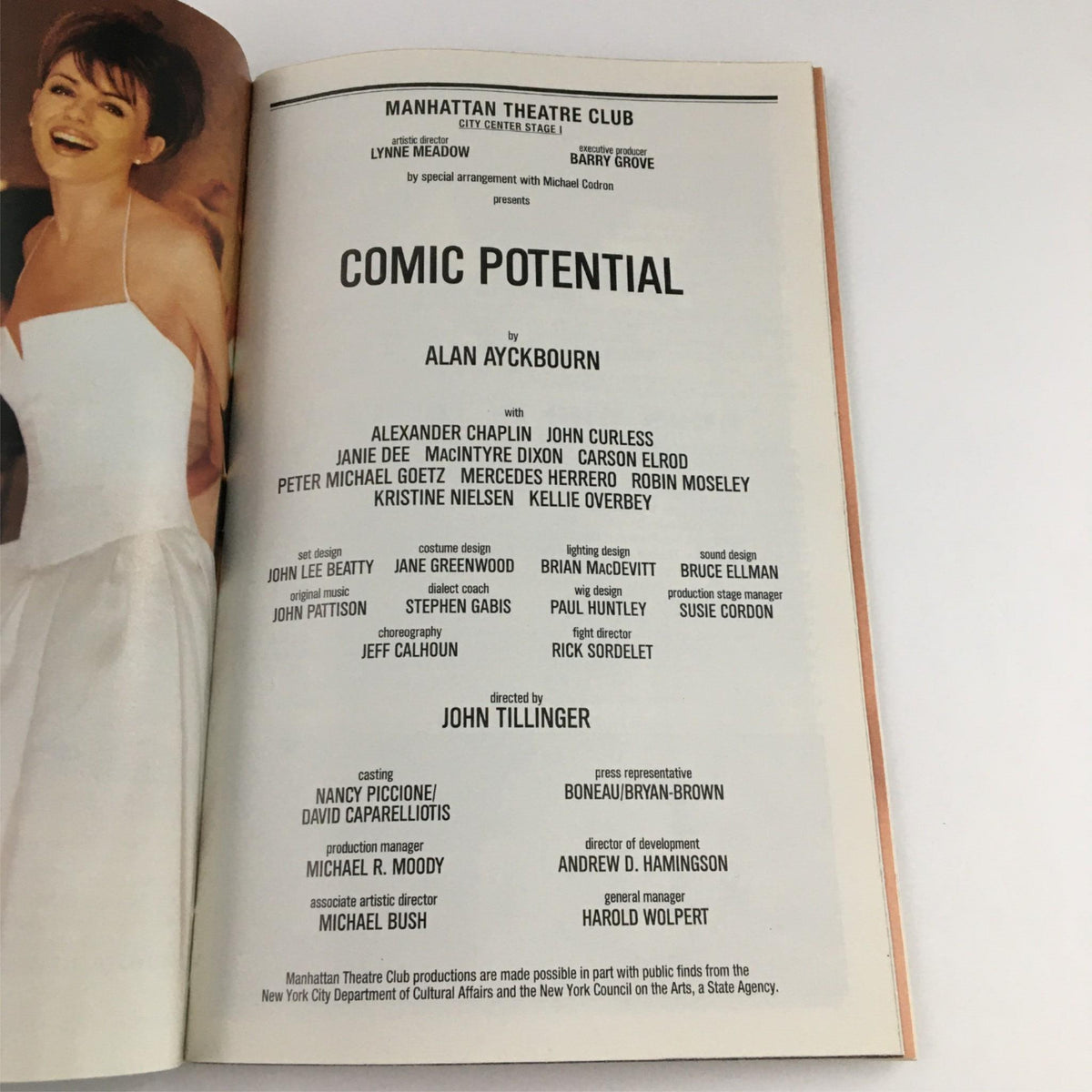 Main title page of the Playbill for 'Comic Potential' by Alan Ayckbourn, highlighting the cast and crew details under the Manhattan Theater Club.