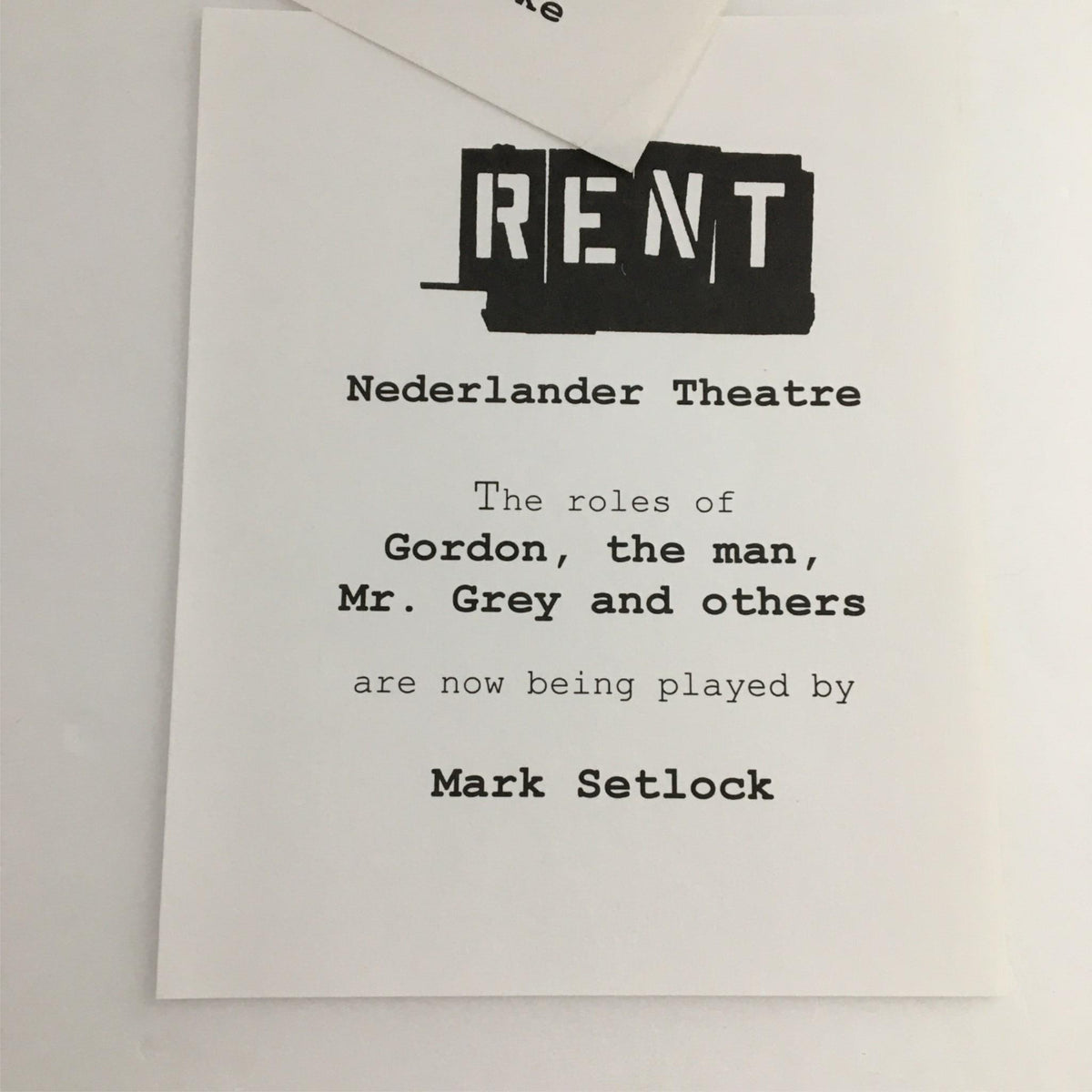 Program card from the 1998 Playbill Rent by Nederlander Theatre, indicating the roles being played by Mark Setlock, showcasing the production's cast changes.