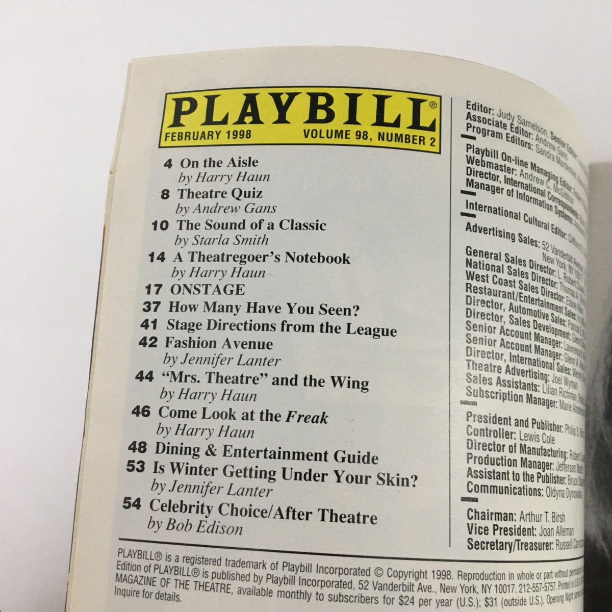 Interior view of the February 1998 Playbill for Rent, featuring the table of contents and various articles related to theater.