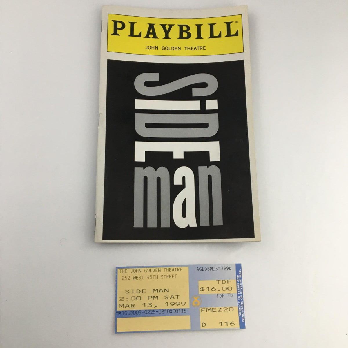 1999 Playbill for Side Man at John Golden Theatre, featuring original ticket from the performance on March 13, 1999.