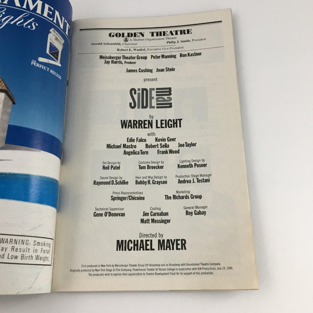 Program details of the 1999 'Side Man' Playbill, including the cast and production team, directed by Michael Mayer with a script by Warren Leight.