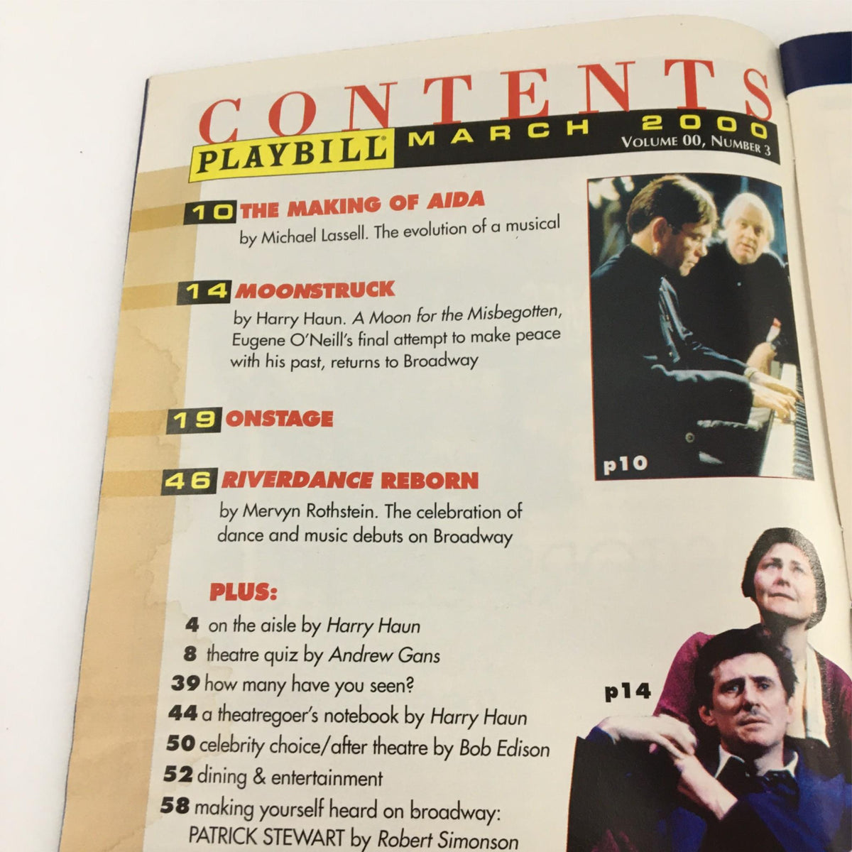 Contents page of the March 2000 Playbill featuring articles including a piece on Copenhagen by Michael Frayn and other Broadway highlights.