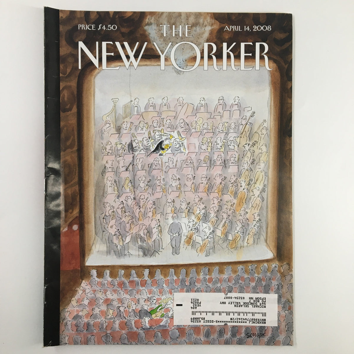 Cover of The New Yorker Full Magazine, April 14 2008, featuring artwork titled 'Without Skipping a Beat' by J. J. Sempé, showcasing an orchestra scene.