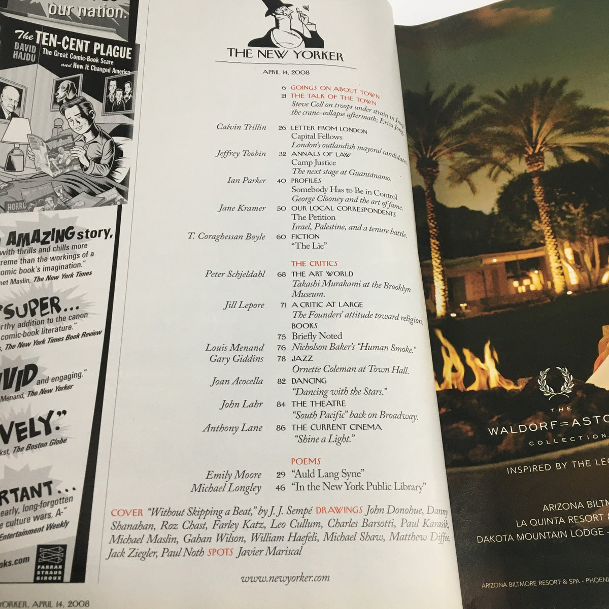 Inside page of The New Yorker Full Magazine, April 14 2008, featuring a table of contents and article listing, highlighting various contributors and key features of the issue.