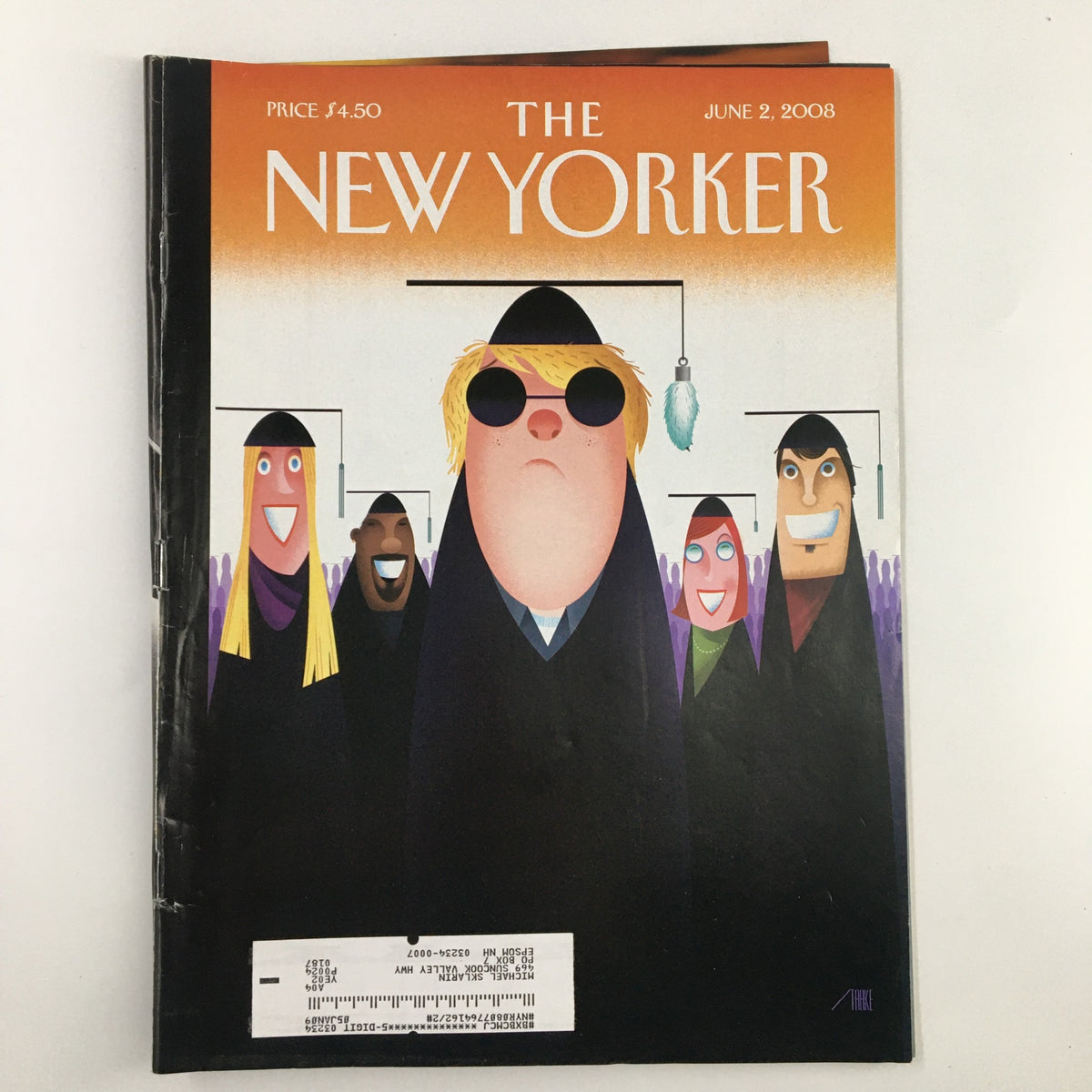 Cover of The New Yorker magazine from June 2, 2008, featuring the artwork 'Foot in the Door' by Bob Staake, showcasing a colorful group of characters in graduation attire.