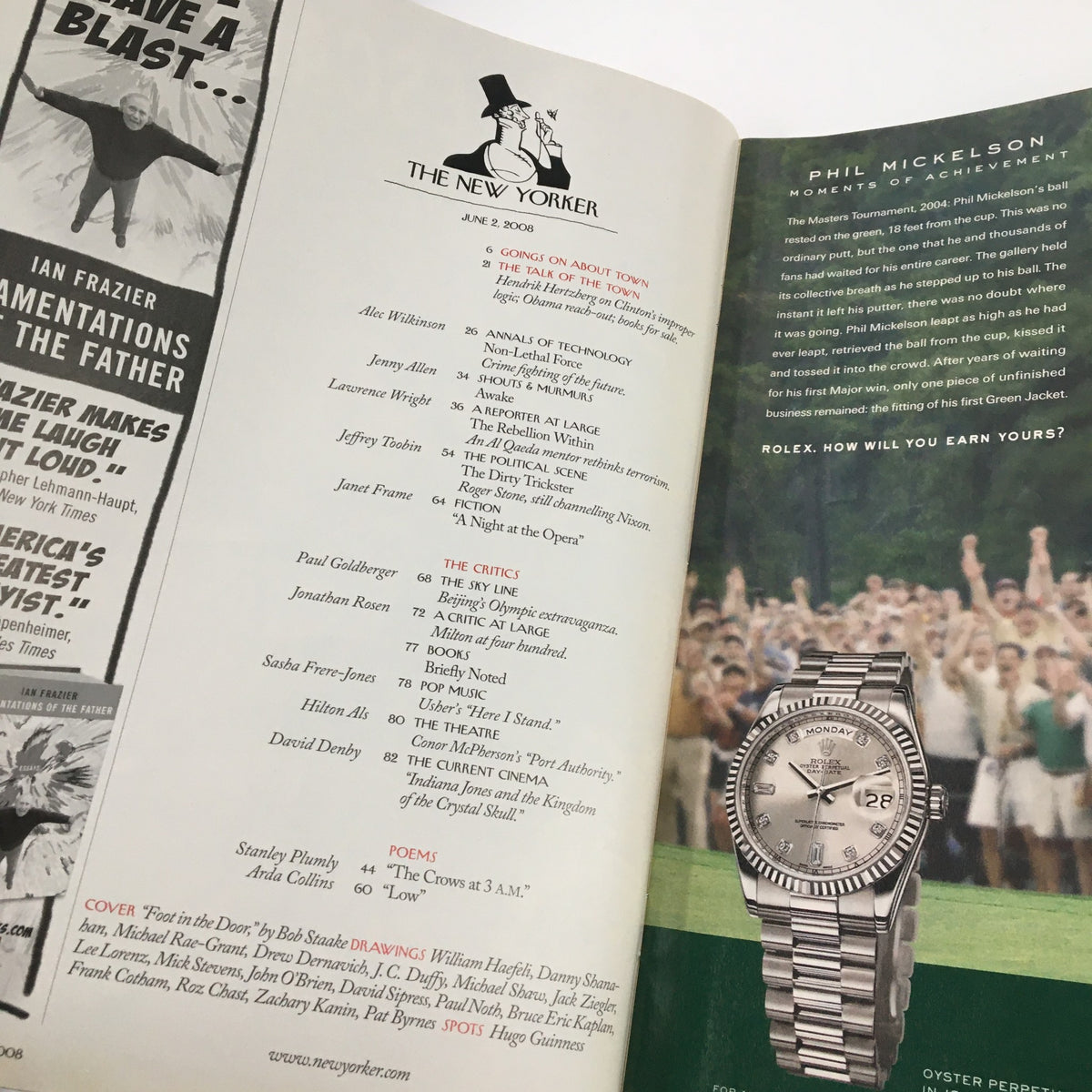 Page from The New Yorker Full Magazine June 2 2008 showcasing the table of contents and advertisements, offering a glimpse into the magazine's detailed layout and editorial features.