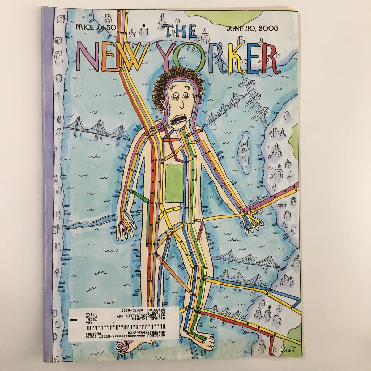 Cover of The New Yorker Full Magazine June 30 2008 featuring the illustration 'Subway Man' by Roz Chast. The cover depicts a whimsical character navigating colorful subway lines amidst a cityscape.
