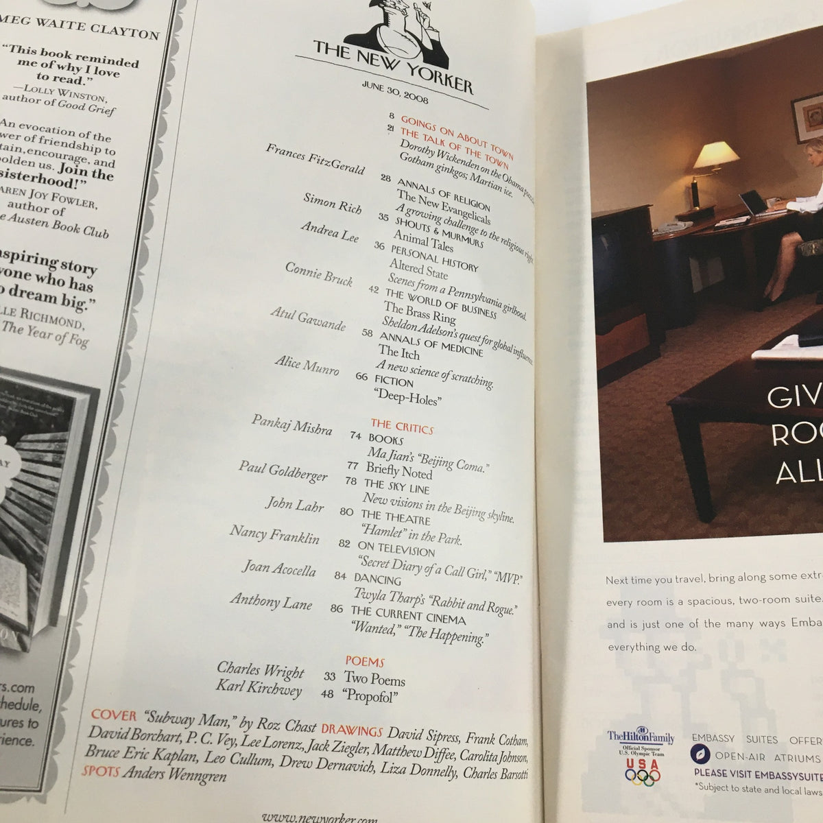 Inside page of The New Yorker Full Magazine June 30 2008 showcasing the table of contents. Includes listings for articles, cartoons, and works by various contributors such as Karl Kriek and literary commentary.