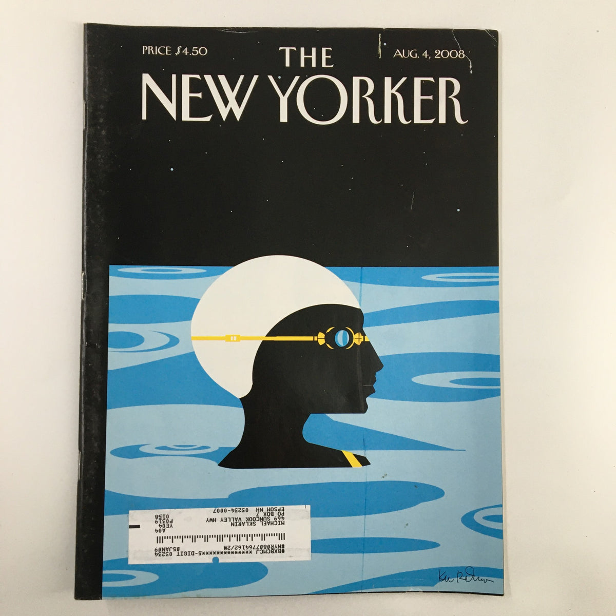 The New Yorker Full Magazine August 4 2008 cover featuring 'Night Cap' by Kim DeMarco, showcasing a profile silhouette against a blue water background with white and yellow accents.
