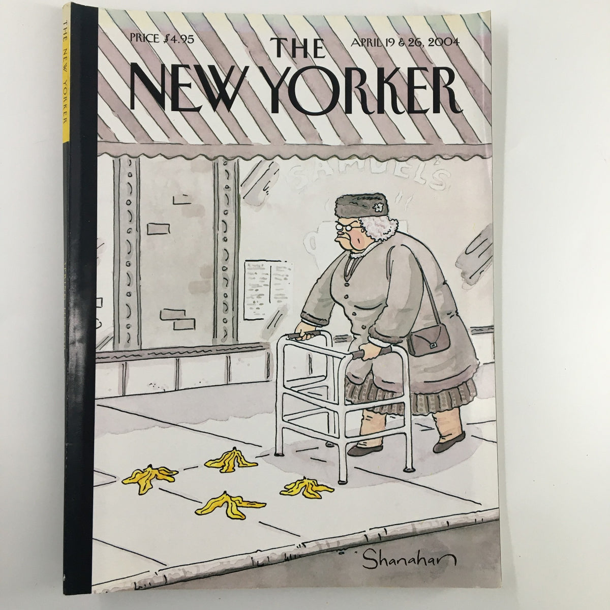 Cover of The New Yorker Full Magazine April 19, 2004 featuring a cartoon by Danny Shanahan, depicting a humorous scene with a woman using a walker near banana peels.
