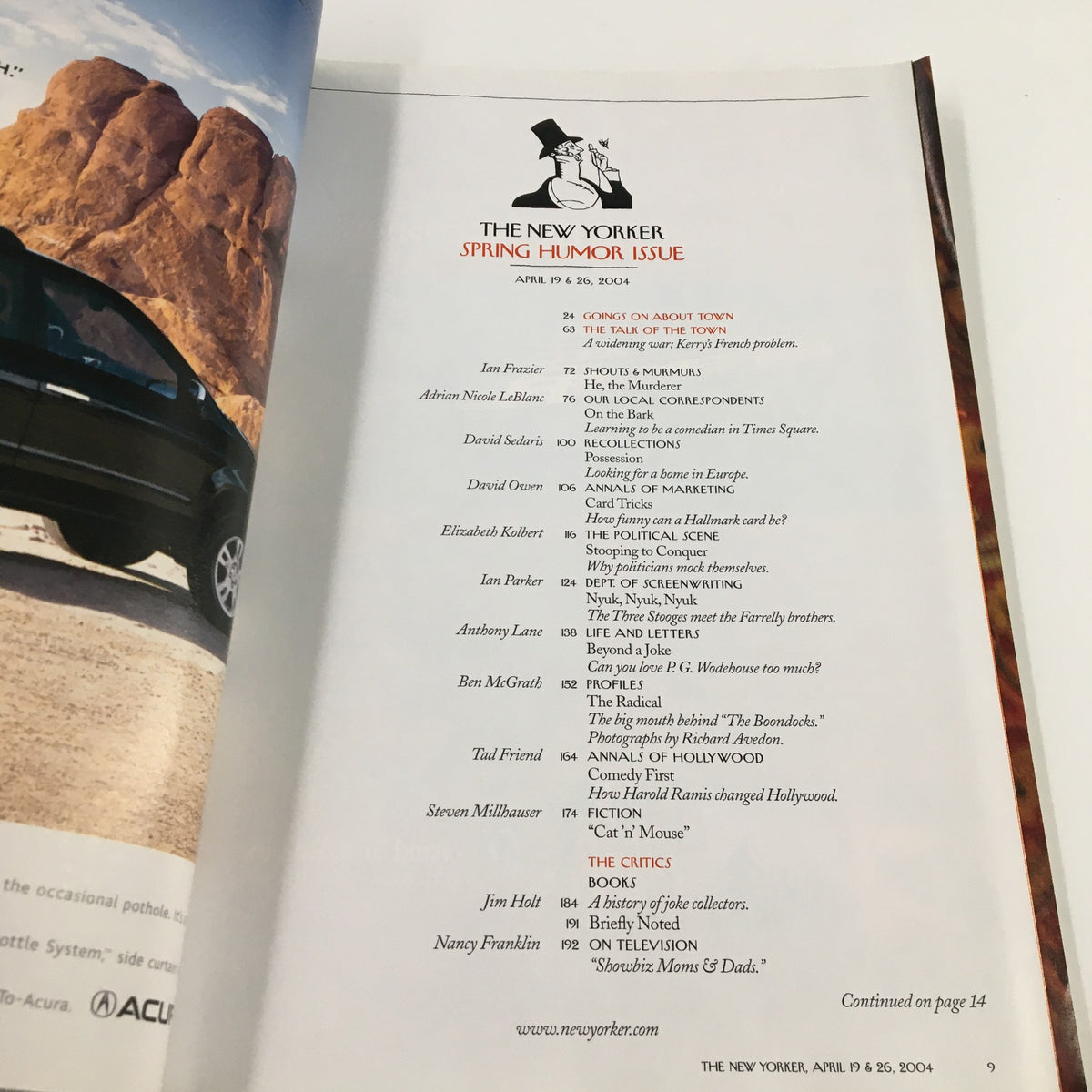 Table of contents page from The New Yorker Full Magazine April 19, 2004, highlighting various articles and contributors within the Spring Humor issue.