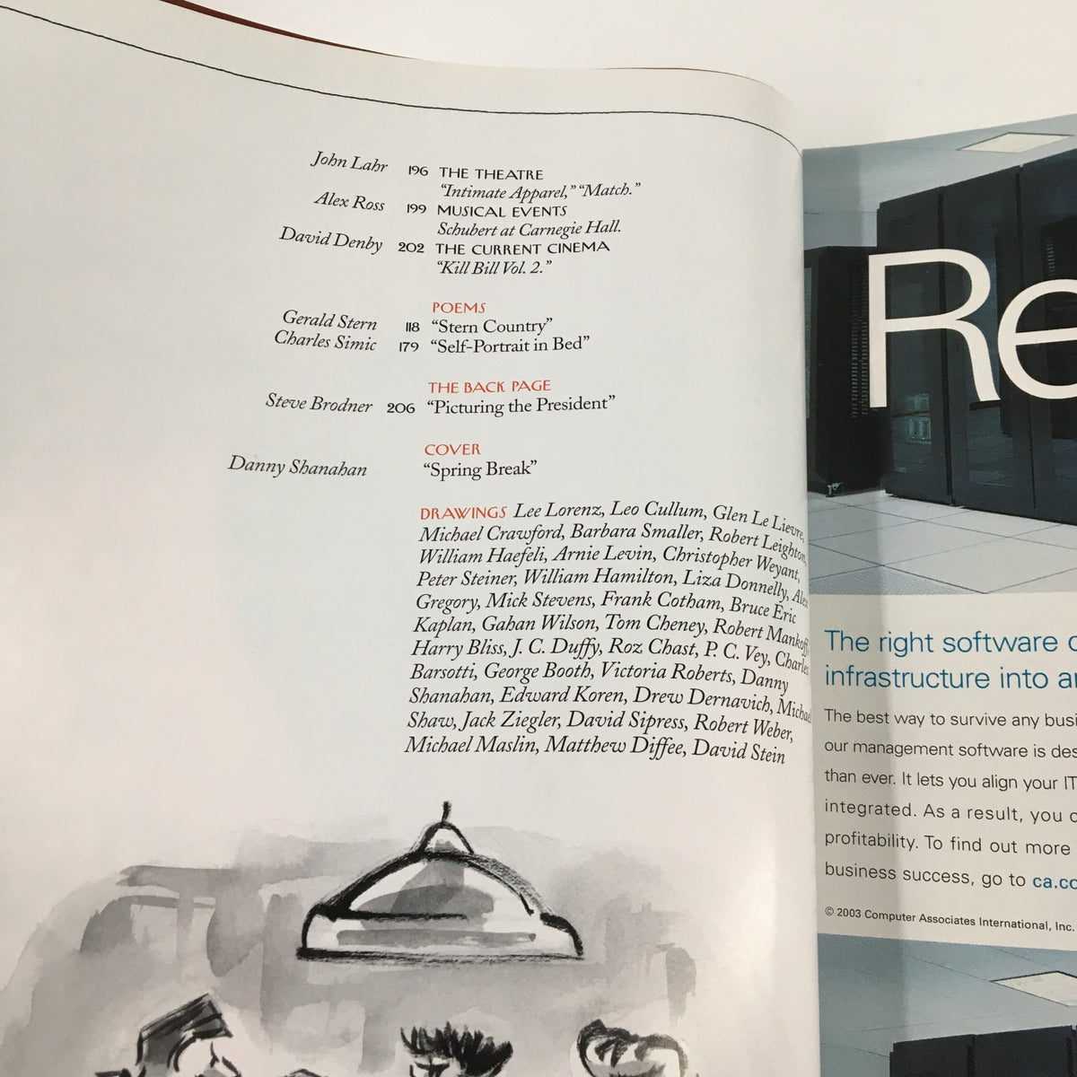 The New Yorker Full Magazine April 19 2004 featuring content page including contributions from notable writers and the iconic Spring Break cover by Danny Shanahan.