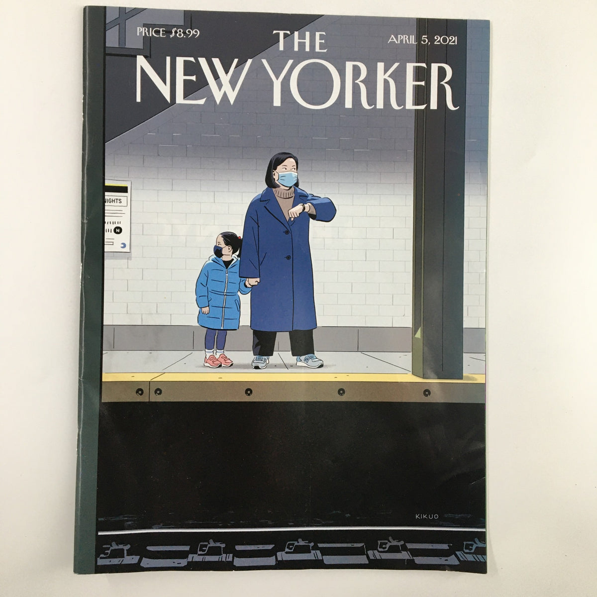 The New Yorker Full Magazine April 5, 2021 titled 'Delayed' featuring a cover illustration by R. Kikuo Johnson depicting two masked figures standing on a subway platform.