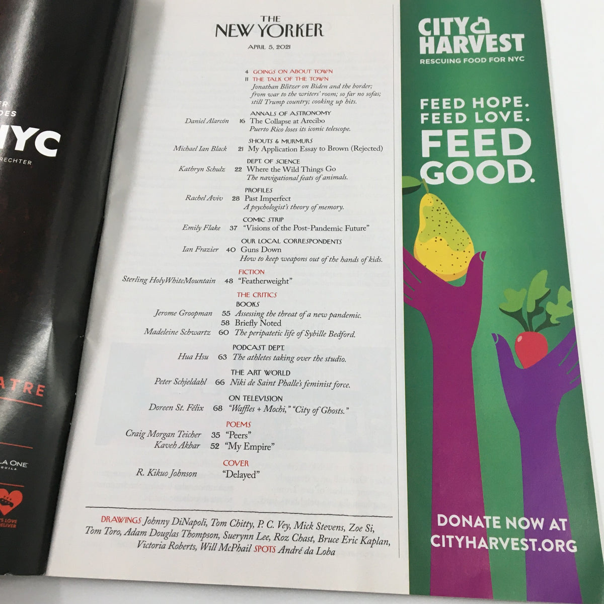 Interior page of The New Yorker Full Magazine April 5, 2021, displaying contents and articles including the feature 'Delayed', alongside advertisements for City Harvest.