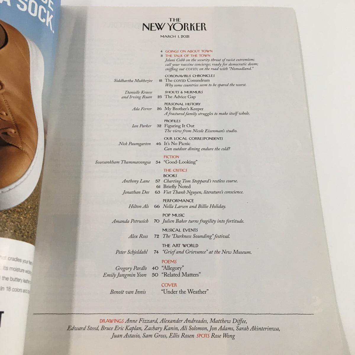 Table of Contents page from The New Yorker magazine March 1 2021, highlighting featured articles and authors, including 'Under the Weather' and notable contributors.