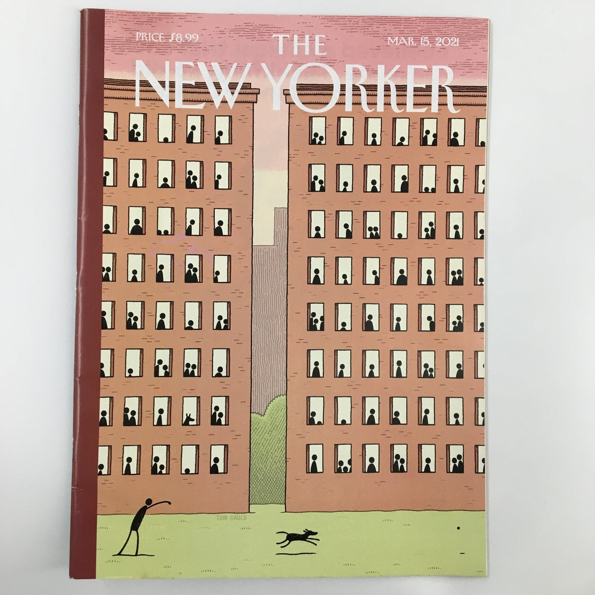 The New Yorker Full Magazine March 15 2021 cover featuring artwork by Tom Gauld, showcasing a whimsical illustration of buildings with people looking out of windows.
