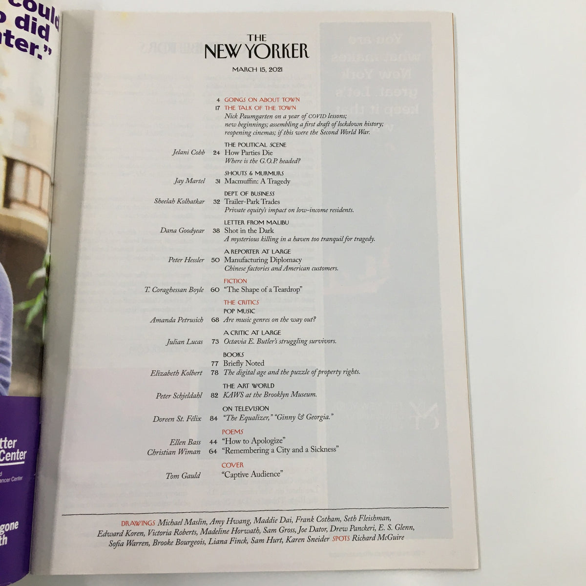 The New Yorker Full Magazine March 15 2021 table of contents page, listing featured articles and authors, highlighting the content of this issue.