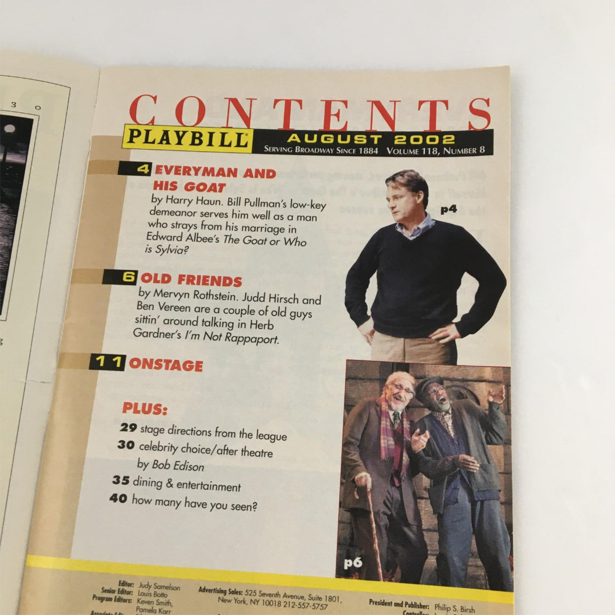 Contents page of the 2002 Playbill for Metamorphoses by Circle in the Square, showing articles and highlights from August 2002.