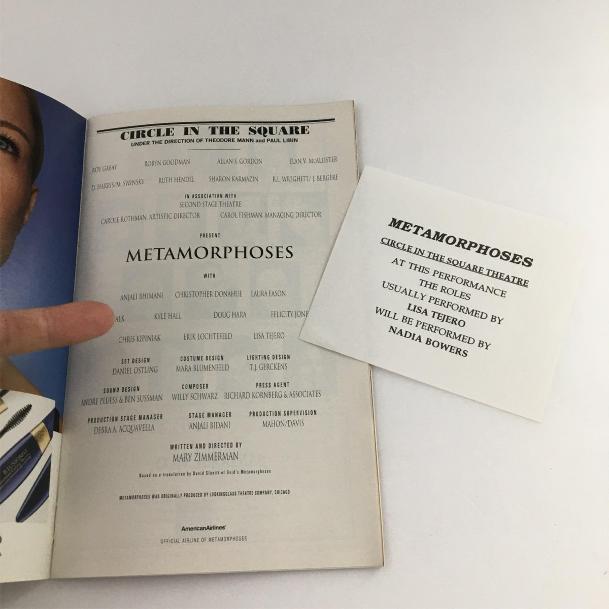 2002 Playbill for Metamorphoses by Circle in the Square, featuring cast details including Lisa Tejero and Nadia Bowers. Image shows the program cover and contents, highlighting the performance at the Circle in the Square Theatre.