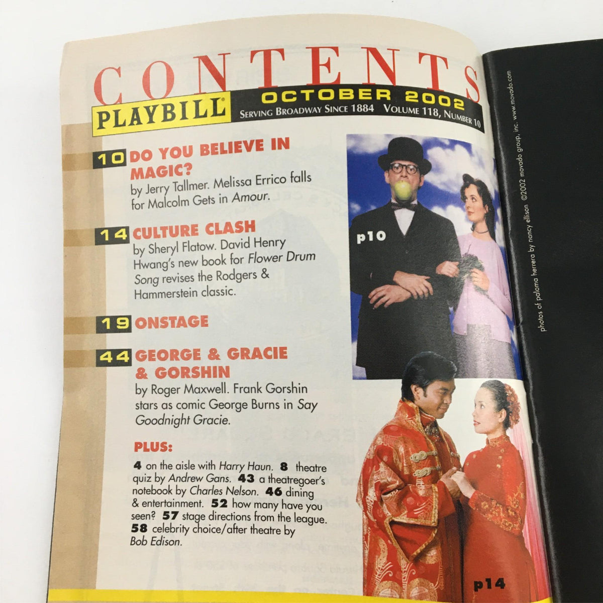 Inside page of the 2002 Playbill for 'Say Goodnight Gracie,' featuring the table of contents and articles related to other performances, dated October 2002.