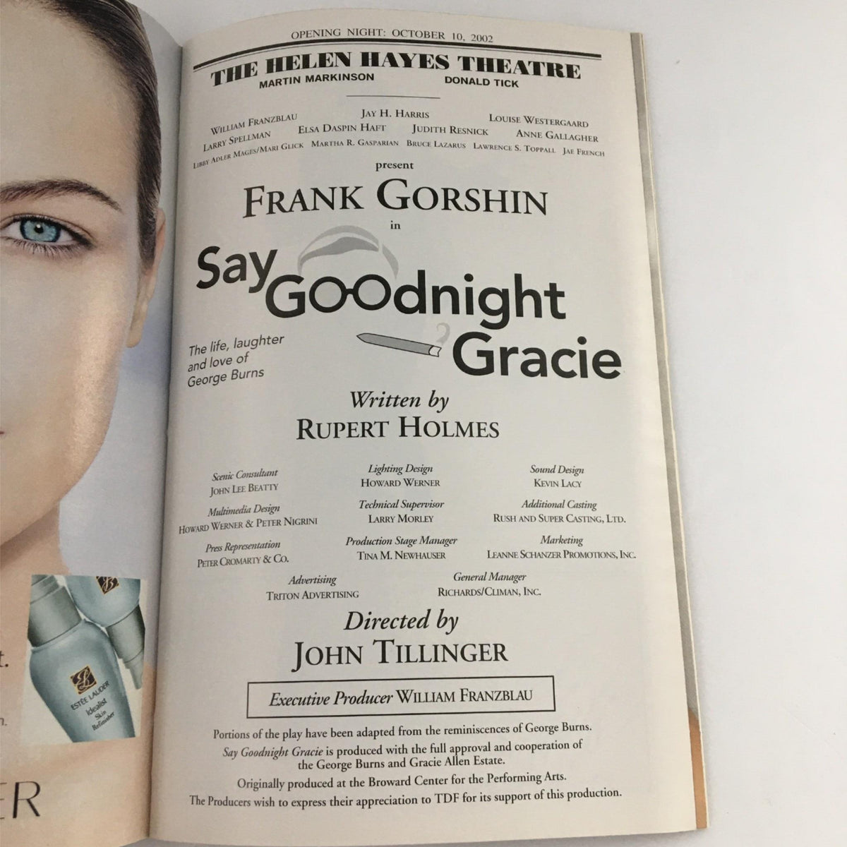 Opening night page of the 2002 Playbill for 'Say Goodnight Gracie,' detailing the creatives involved in the production including Rupert Holmes as the writer, presented at The Helen Hayes Theatre.