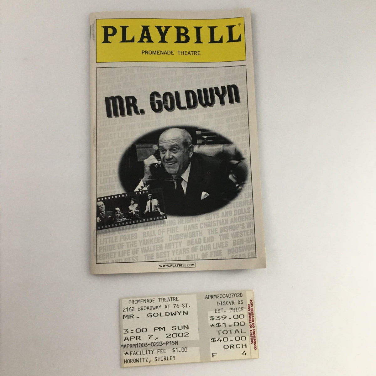 2002 Playbill for 'Mr. Goldwyn' at Promenade Theatre, featuring cover image and original ticket, directed by Gene Saks and starring Alan King.
