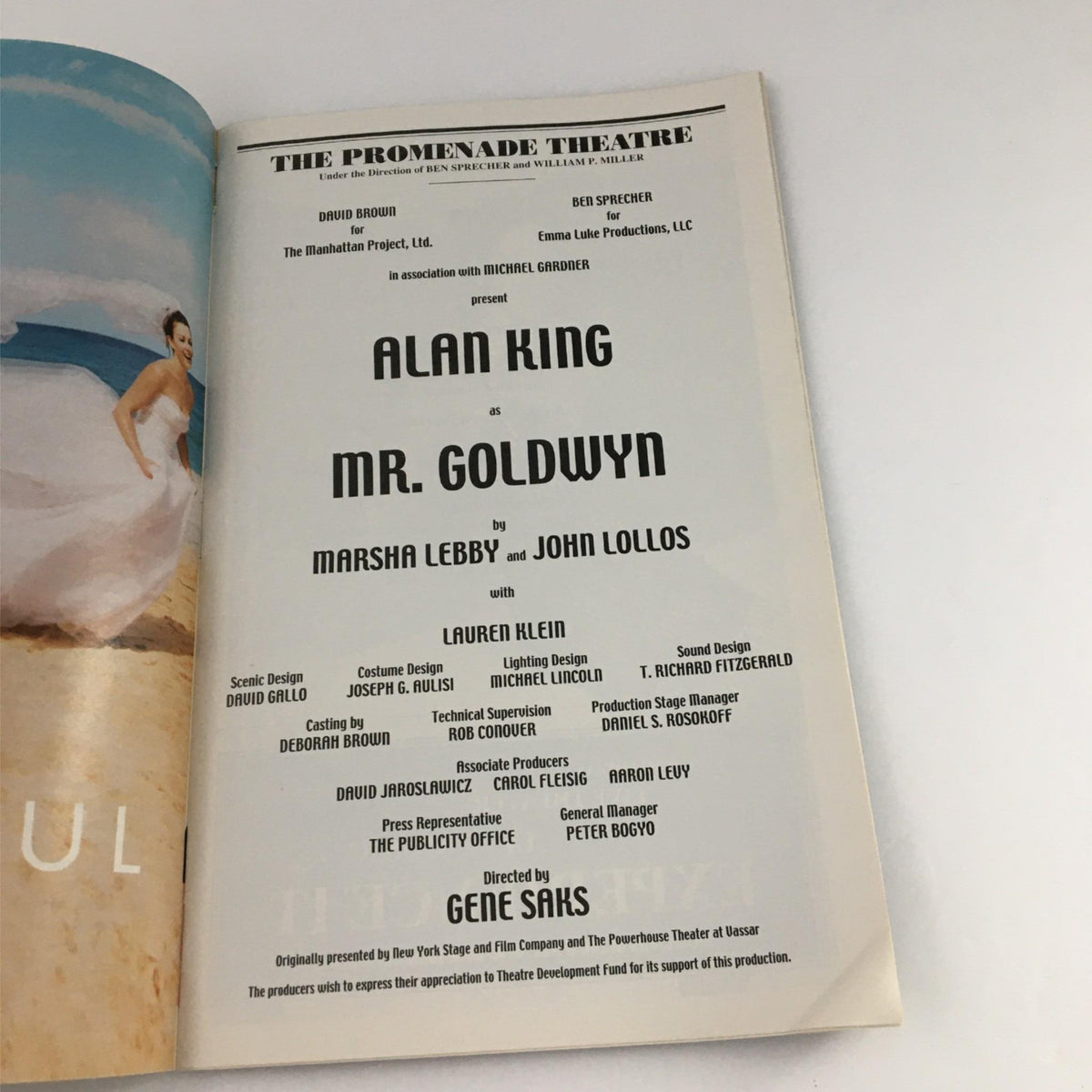 Production details page of the 2002 Playbill for 'Mr. Goldwyn', listing cast, crew and creative team information.
