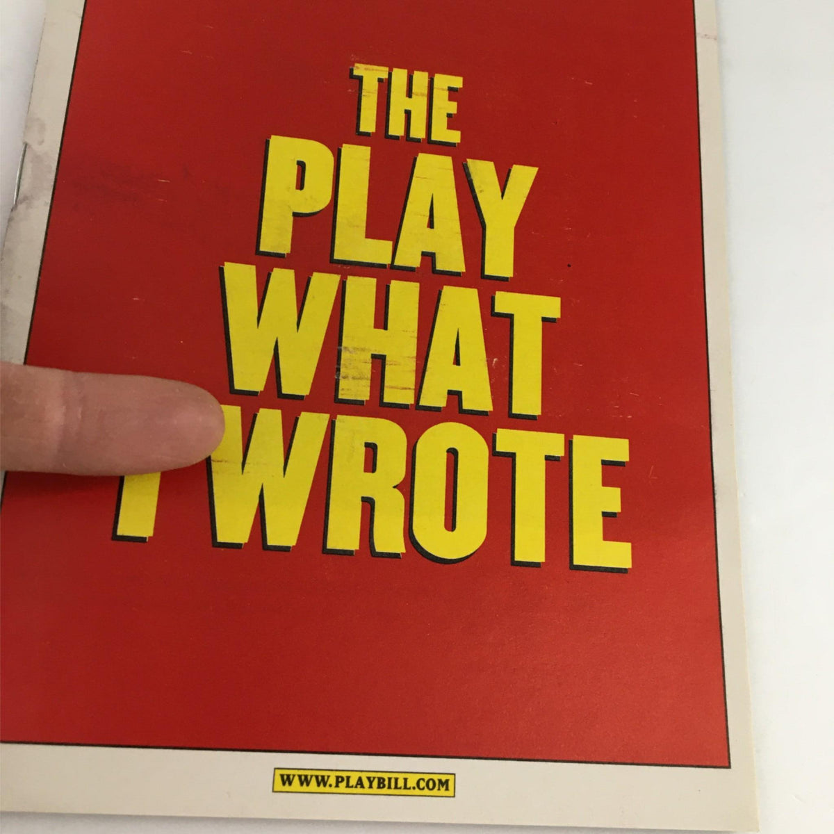 Detailed look at the back cover of the 2003 Playbill for 'The Play What I Wrote', highlighting the vivid red background.