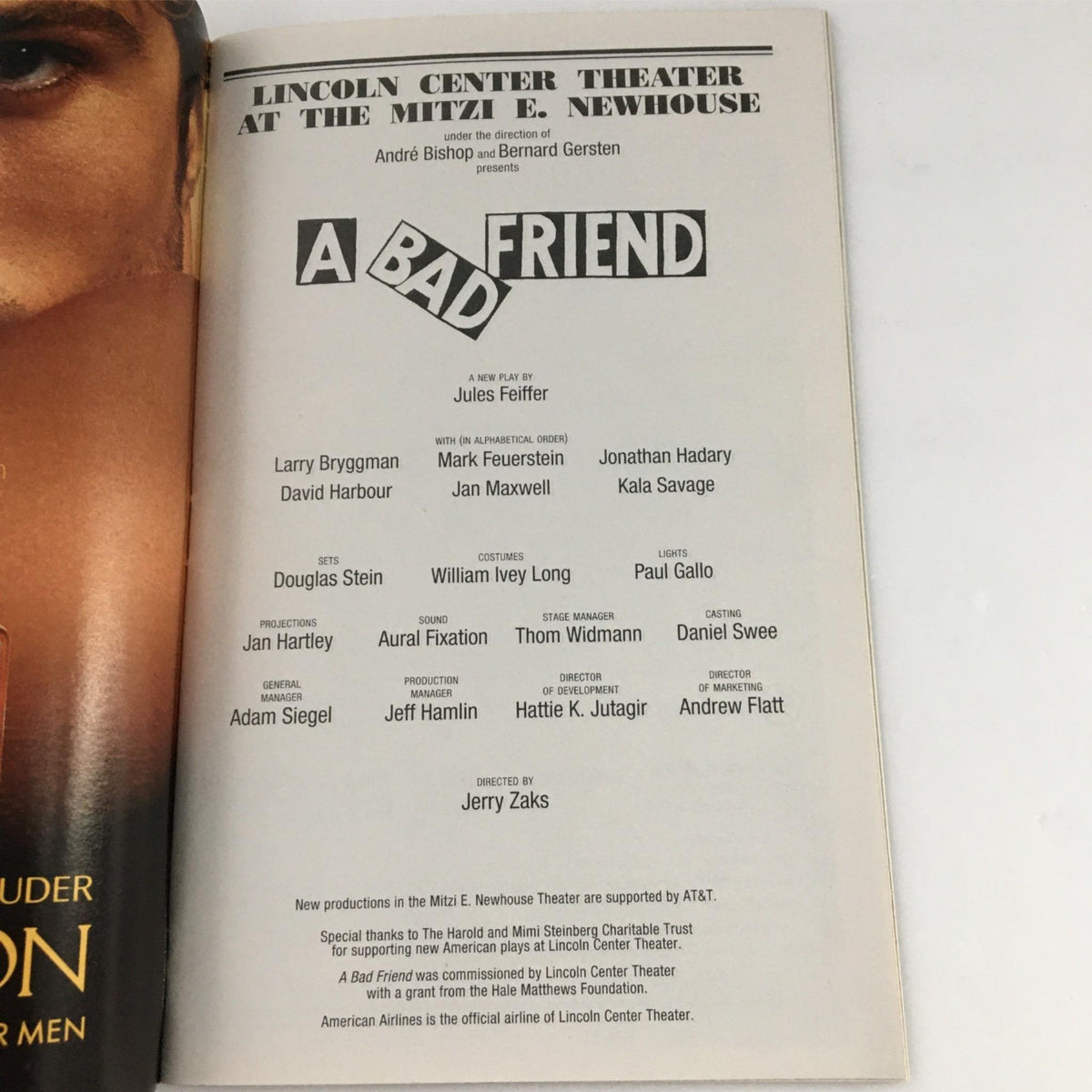 Cast and crew page from the 2003 Playbill for A Bad Friend at the Lincoln Center Theater, listing performers and production team.