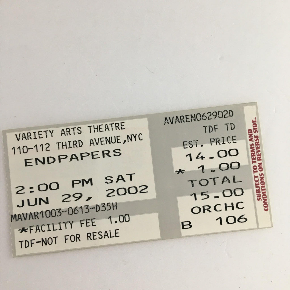Original ticket for the 2002 Playbill Endpapers by Variety Arts Theatre, offering a glimpse into the theater experience with date and seat details.