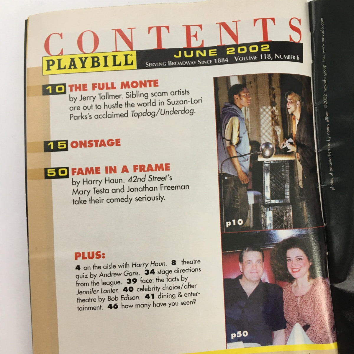 Contents page of the June 2002 Playbill featuring articles and features, associated with the 2002 Playbill Endpapers by Variety Arts Theatre.