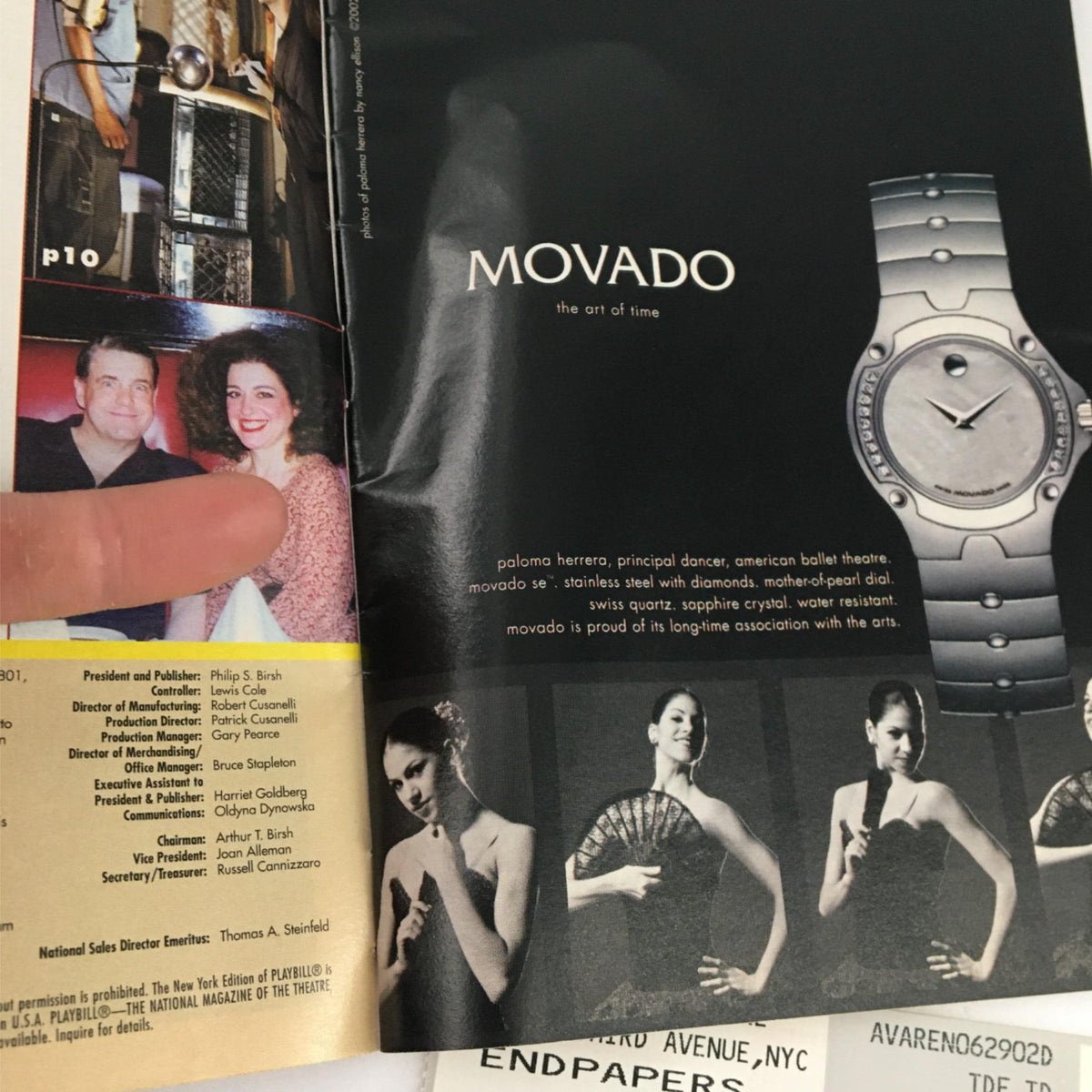2002 Playbill Endpapers by Variety Arts Theatre featuring an advertisement for Movado watches alongside an image of ballet dancers.