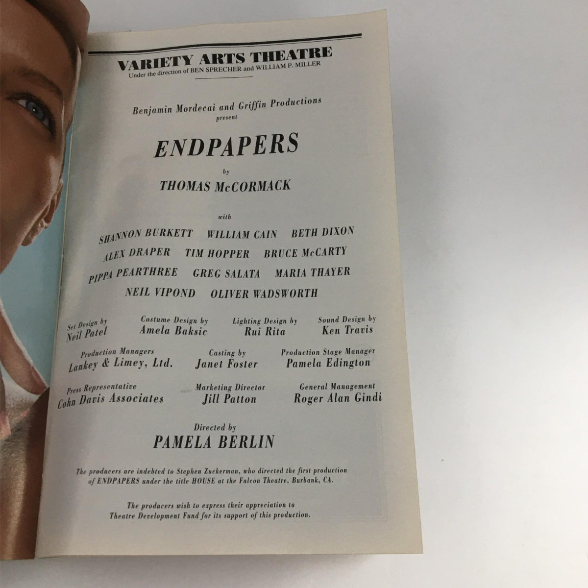 2002 Playbill Endpapers by Variety Arts Theatre featuring the title page with credits from the production of Endpapers by Thomas McCormack and directed by Pamela Berlin.