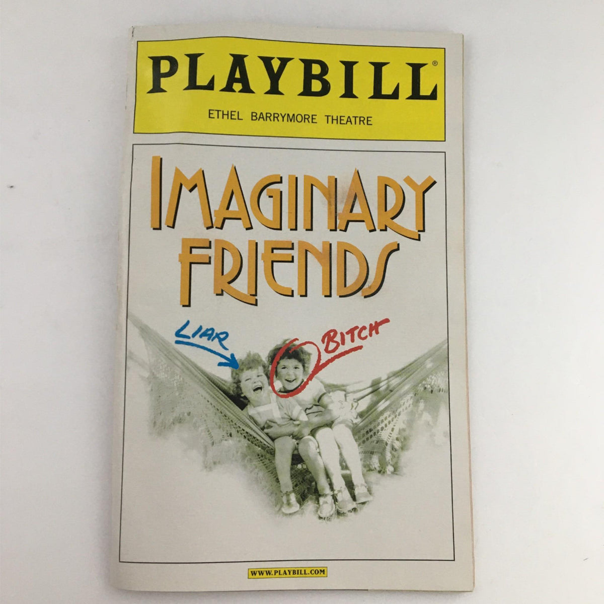 2002 Playbill for Imaginary Friends at Ethel Barrymore Theatre featuring cover design with child actors and hand-drawn annotations.
