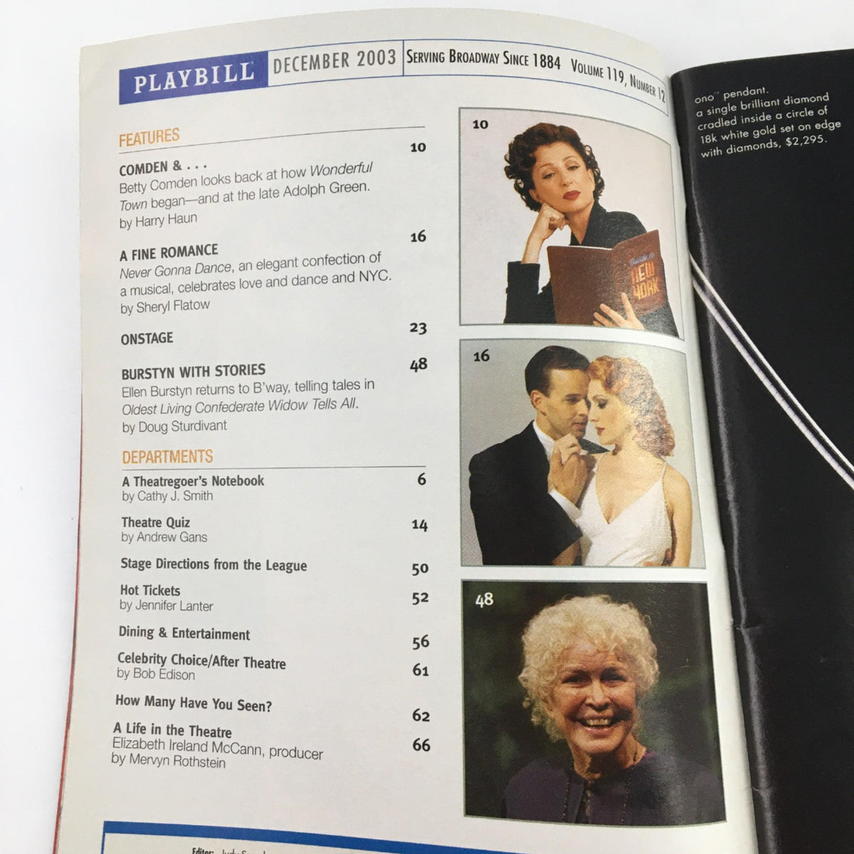 Inside page of the December 2003 Playbill showcasing features and articles related to Broadway productions.