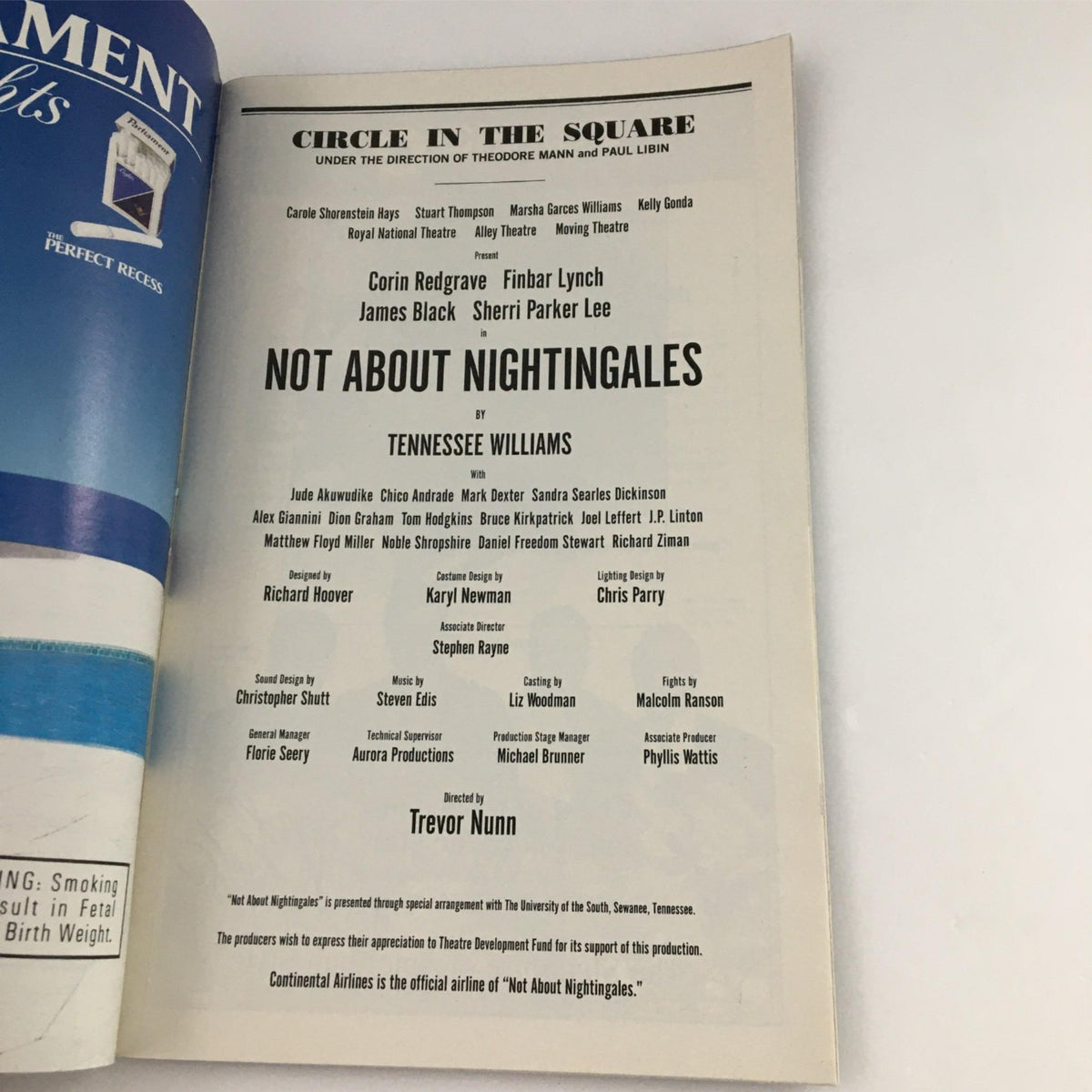 Second inside page of the 1999 Playbill for Not About Nightingales, showcasing cast and production credits including Tennessee Williams and director Trevor Nunn.