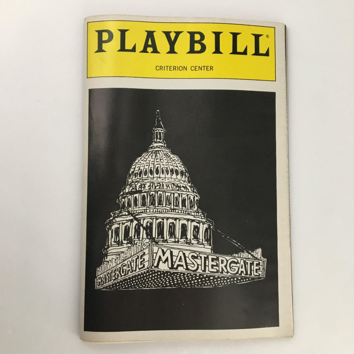 1989 Playbill Mastergate by Criterion Center Stage Right featuring an illustration of the Capitol dome and the text 'MASTERGATE' in a bold design.