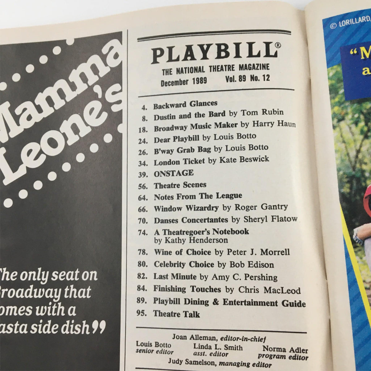 Inside page of the 1989 Playbill Mastergate by Criterion Center showing listings and articles from the National Theatre Magazine with various theater-related content.