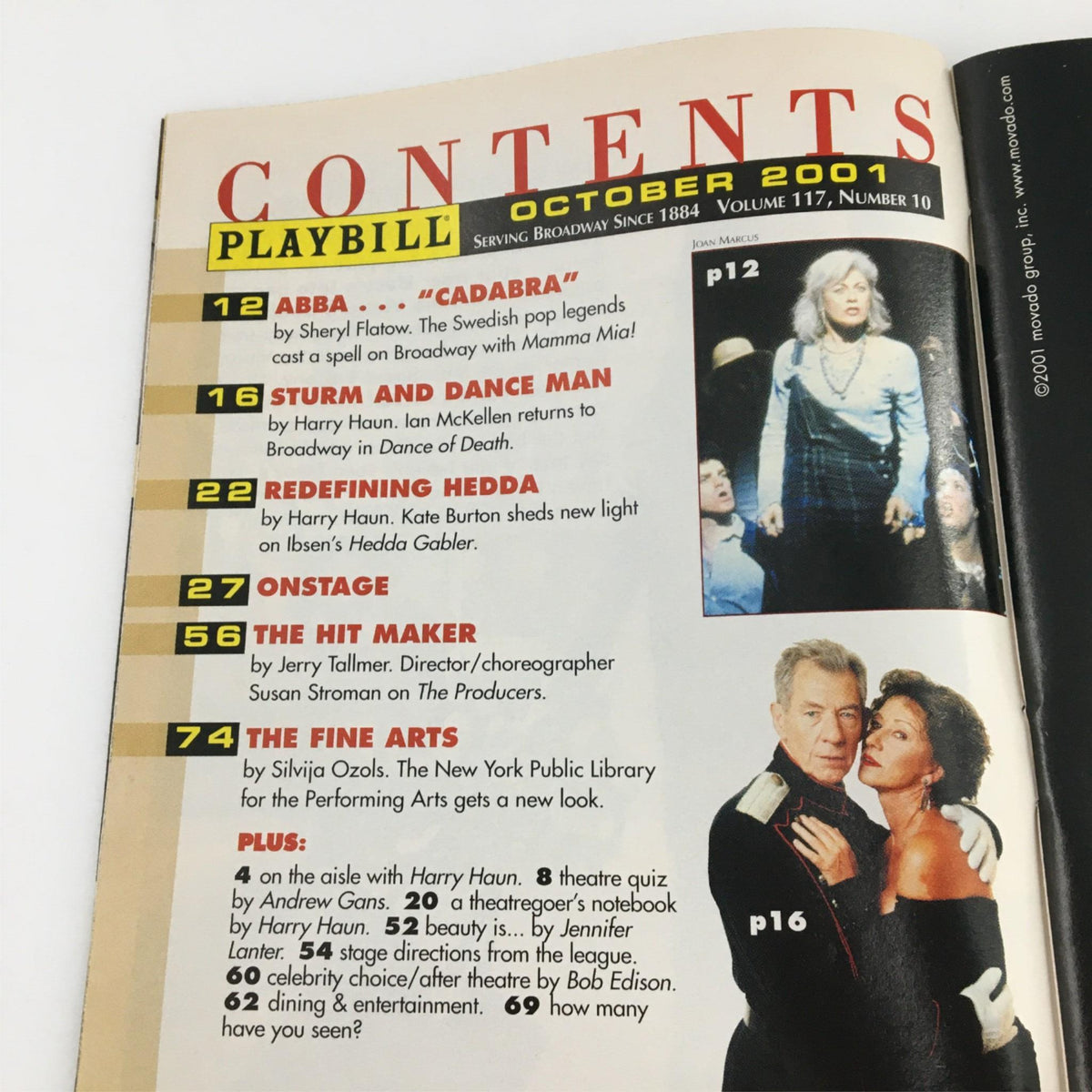 Contents page of the October 2001 Playbill featuring articles including 'ABBA - 'Cadabra' and 'Sturm and Drang'.