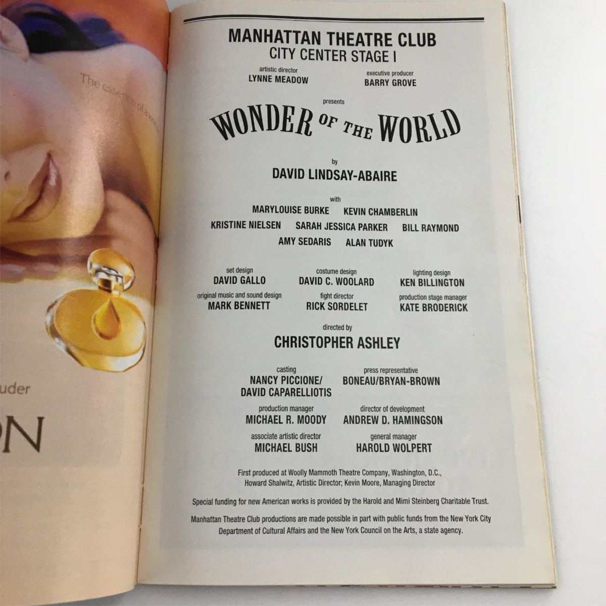 Inside page of the 2001 Playbill for 'Wonder of the World' detailing cast and crew information from Manhattan Theatre Club.